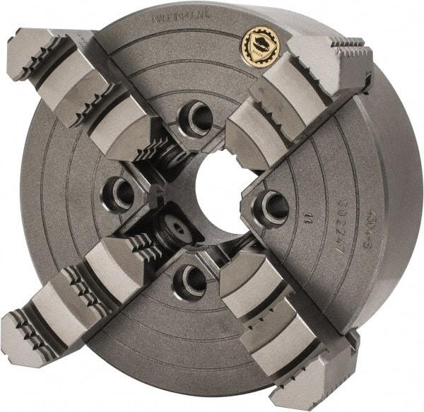 Bison - 4 Jaws, 8" Diam, Independent Manual Lathe Chuck - Plain Back Mount Spindle, Reversible, 1,800 Max RPM, 1.9685" Through Hole Diam, Cast Iron - A1 Tooling