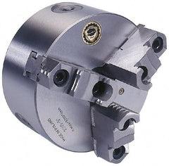 Bison - 3 Jaws, 8" Diam, Self Centering Manual Lathe Chuck - Plain Back Mount Spindle, Reversible, 4,000 Max RPM, 2.1654" Through Hole Diam, 0.0018" Axial Runout, 0.0016" Radial Runout, Forged Steel - A1 Tooling