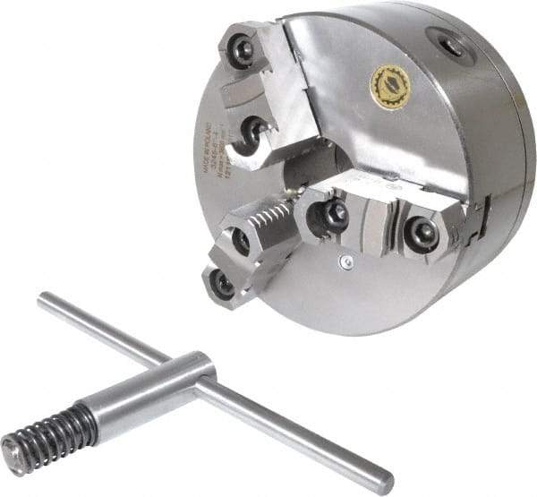 Bison - 3 Jaws, 6" Diam, Self Centering Manual Lathe Chuck - D1-4 Mount Spindle, Reversible, 3,000 Max RPM, 1.6535" Through Hole Diam, 0.0008" Axial Runout, 0.0012" Radial Runout, Cast Iron - A1 Tooling