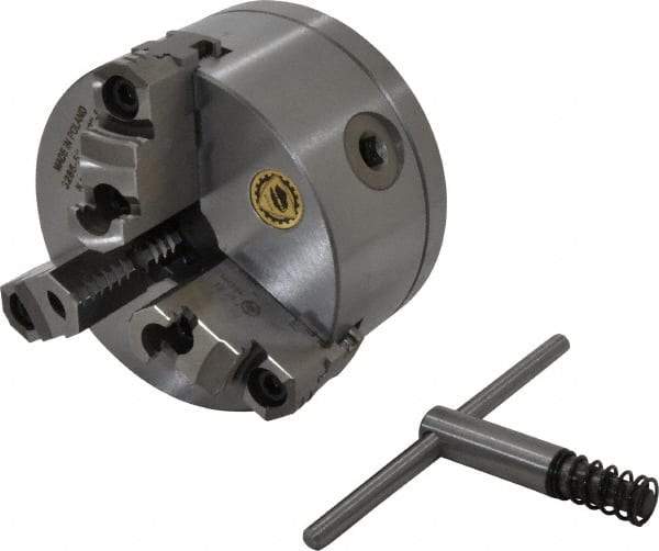 Bison - 3 Jaws, 5" Diam, Self Centering Manual Lathe Chuck - 1-1/2 - 8" Spindle Mount, Reversible, 3,200 Max RPM, 1.2598" Through Hole Diam, 0.0008" Axial Runout, 0.0012" Radial Runout, Cast Iron - A1 Tooling