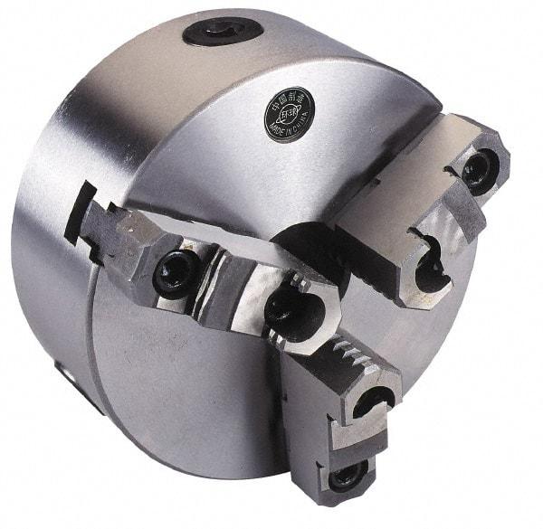 Interstate - 3 Jaws, 10" Diam, Self Centering Manual Lathe Chuck - Plain Back Mount Spindle, Reversible, 3.1496" Through Hole Diam, 0.003" Axial Runout, Cast Iron - A1 Tooling