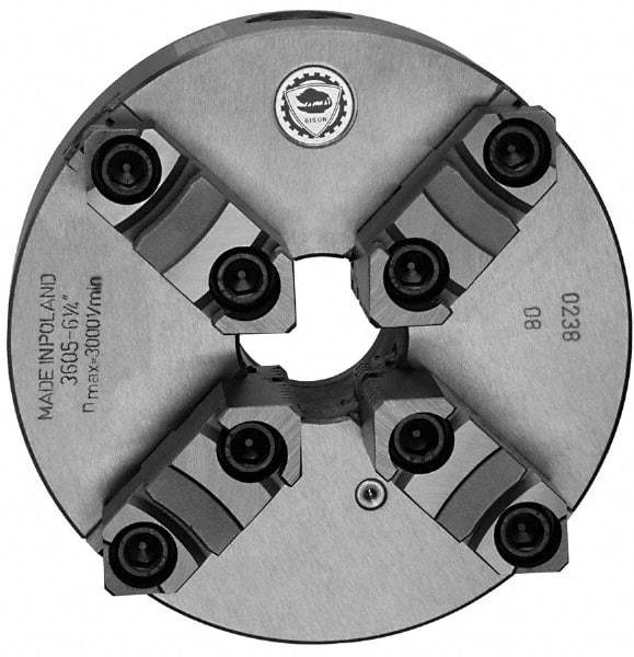 Bison - 4 Jaws, 6" Diam, Self Centering Manual Lathe Chuck - Plain Back Mount Spindle, Reversible, 3,000 Max RPM, 1.6535" Through Hole Diam, 0.0012" Axial Runout, 0.0015" Radial Runout, Cast Iron - A1 Tooling