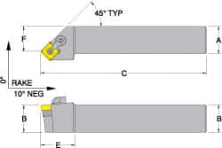 Dorian Tool - MSSN, Left Hand Cut, 45° Lead Angle, 3/4" Shank Height x 3/4" Shank Width, Negative Rake Indexable Turning Toolholder - 4-1/2" OAL, SN..43. Insert Compatibility, Series Multi-Option - A1 Tooling