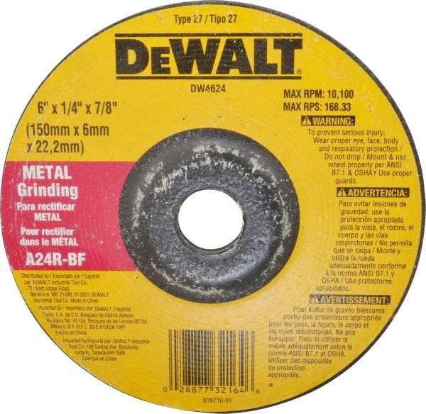 DeWALT - 24 Grit, 6" Wheel Diam, 1/4" Wheel Thickness, 7/8" Arbor Hole, Type 27 Depressed Center Wheel - Aluminum Oxide, R Hardness, 10,100 Max RPM, Compatible with Angle Grinder - A1 Tooling