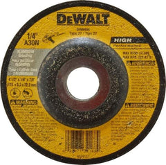 DeWALT - 30 Grit, 4-1/2" Wheel Diam, 1/4" Wheel Thickness, 7/8" Arbor Hole, Type 27 Depressed Center Wheel - Aluminum Oxide, N Hardness, 13,300 Max RPM, Compatible with Angle Grinder - A1 Tooling