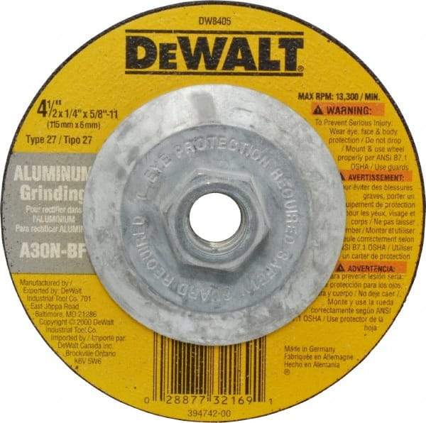 DeWALT - 30 Grit, 4-1/2" Wheel Diam, 1/4" Wheel Thickness, Type 27 Depressed Center Wheel - Aluminum Oxide, N Hardness, 13,300 Max RPM, Compatible with Angle Grinder - A1 Tooling