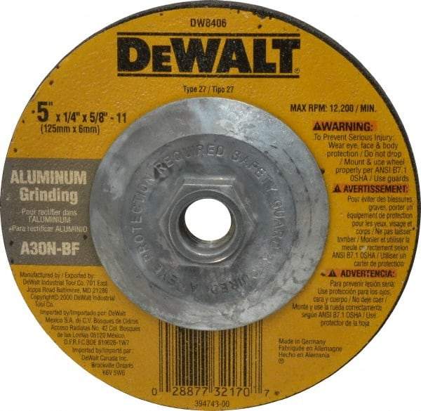 DeWALT - 30 Grit, 5" Wheel Diam, 1/4" Wheel Thickness, Type 27 Depressed Center Wheel - Aluminum Oxide, N Hardness, 12,200 Max RPM, Compatible with Angle Grinder - A1 Tooling