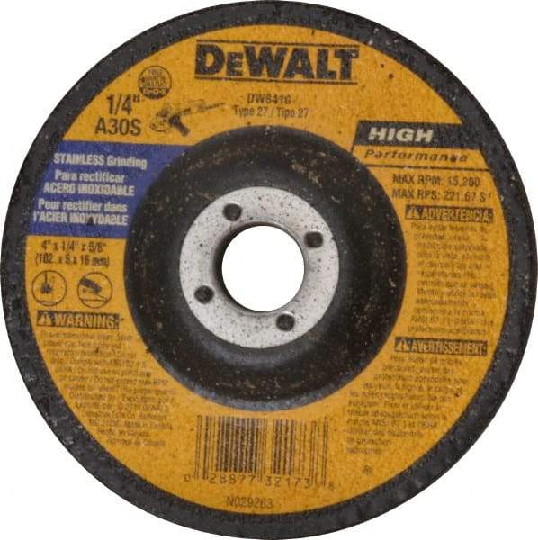 DeWALT - 30 Grit, 4" Wheel Diam, 1/4" Wheel Thickness, 5/8" Arbor Hole, Type 27 Depressed Center Wheel - Aluminum Oxide, S Hardness, 15,200 Max RPM, Compatible with Angle Grinder - A1 Tooling