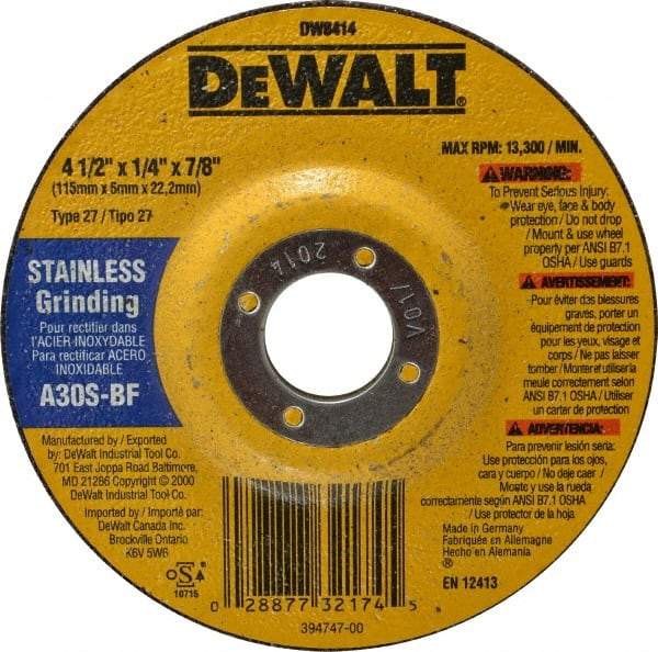 DeWALT - 30 Grit, 4-1/2" Wheel Diam, 1/4" Wheel Thickness, 7/8" Arbor Hole, Type 27 Depressed Center Wheel - Aluminum Oxide, S Hardness, 13,300 Max RPM, Compatible with Angle Grinder - A1 Tooling