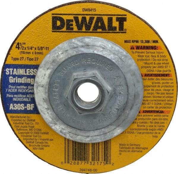 DeWALT - 30 Grit, 4-1/2" Wheel Diam, 1/4" Wheel Thickness, Type 27 Depressed Center Wheel - Aluminum Oxide, S Hardness, 13,300 Max RPM, Compatible with Angle Grinder - A1 Tooling