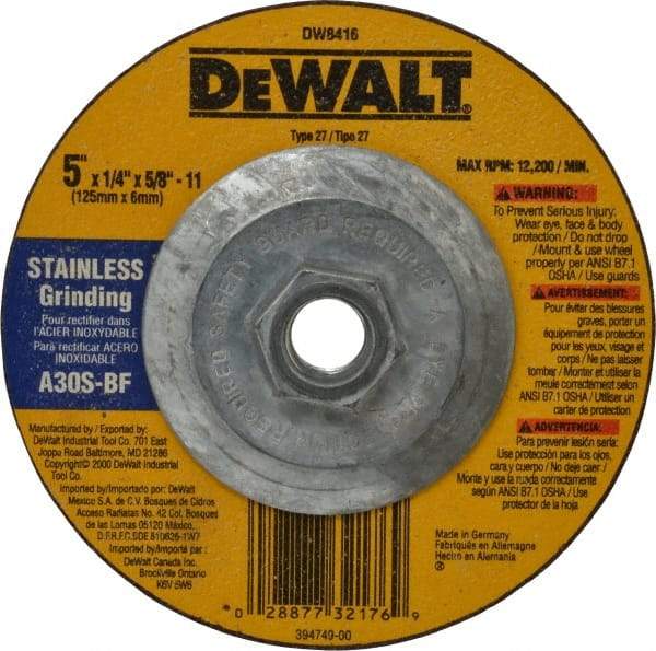 DeWALT - 30 Grit, 5" Wheel Diam, 1/4" Wheel Thickness, Type 27 Depressed Center Wheel - Aluminum Oxide, S Hardness, 12,200 Max RPM, Compatible with Angle Grinder - A1 Tooling