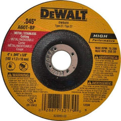 DeWALT - 60 Grit, 4" Wheel Diam, 5/8" Arbor Hole, Type 27 Depressed Center Wheel - Aluminum Oxide, T Hardness, 15,200 Max RPM, Compatible with Angle Grinder - A1 Tooling