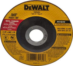 DeWALT - 60 Grit, 4-1/2" Wheel Diam, 7/8" Arbor Hole, Type 27 Depressed Center Wheel - Aluminum Oxide, T Hardness, 13,300 Max RPM, Compatible with Angle Grinder - A1 Tooling