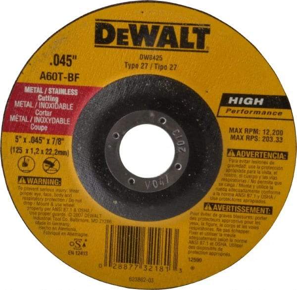 DeWALT - 60 Grit, 5" Wheel Diam, 7/8" Arbor Hole, Type 27 Depressed Center Wheel - Aluminum Oxide, T Hardness, 12,200 Max RPM, Compatible with Angle Grinder - A1 Tooling