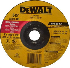 DeWALT - 60 Grit, 6" Wheel Diam, 7/8" Arbor Hole, Type 27 Depressed Center Wheel - Aluminum Oxide, T Hardness, 10,100 Max RPM, Compatible with Angle Grinder - A1 Tooling