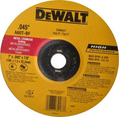 DeWALT - 60 Grit, 7" Wheel Diam, 7/8" Arbor Hole, Type 27 Depressed Center Wheel - Aluminum Oxide, T Hardness, 8,700 Max RPM, Compatible with Angle Grinder - A1 Tooling