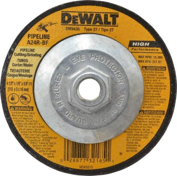 DeWALT - 24 Grit, 4-1/2" Wheel Diam, 1/8" Wheel Thickness, Type 27 Depressed Center Wheel - Aluminum Oxide, R Hardness, 13,300 Max RPM, Compatible with Angle Grinder - A1 Tooling