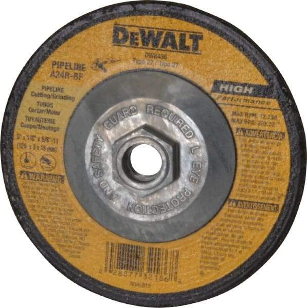 DeWALT - 24 Grit, 5" Wheel Diam, 1/8" Wheel Thickness, Type 27 Depressed Center Wheel - Aluminum Oxide, R Hardness, 12,200 Max RPM, Compatible with Angle Grinder - A1 Tooling