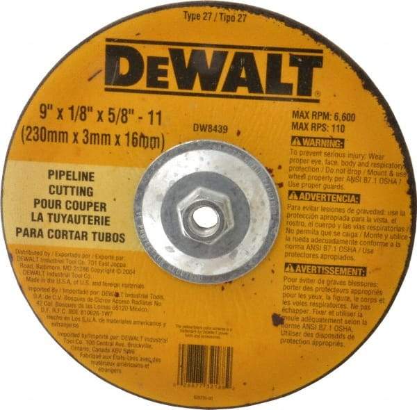 DeWALT - 24 Grit, 9" Wheel Diam, 1/8" Wheel Thickness, Type 27 Depressed Center Wheel - Aluminum Oxide, R Hardness, 6,600 Max RPM, Compatible with Angle Grinder - A1 Tooling