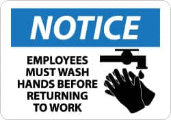 NMC - "Notice - Employees Must Wash Hands Before Returning to Work", 10" Long x 14" Wide, Aluminum Safety Sign - Rectangle, 0.04" Thick, Use for Restroom, Janitorial & Housekeeping - A1 Tooling