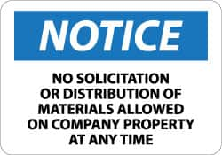 NMC - "Notice - No Solicitation or Distribution of Materials Allowed on Company Property at Any Time", 10" Long x 14" Wide, Aluminum Safety Sign - Rectangle, 0.04" Thick, Use for Security & Admittance - A1 Tooling