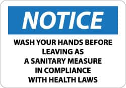 NMC - "Notice - Wash Your Hands Before Leaving as a Sanitary Measure in Compliance with Health Laws", 10" Long x 14" Wide, Aluminum Safety Sign - Rectangle, 0.04" Thick, Use for Restroom, Janitorial & Housekeeping - A1 Tooling