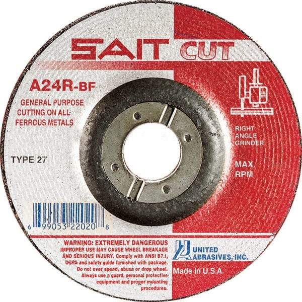 Sait - 24 Grit, 6" Wheel Diam, 1/8" Wheel Thickness, 7/8" Arbor Hole, Type 27 Depressed Center Wheel - Aluminum Oxide, Resinoid Bond, R Hardness, 10,200 Max RPM, Compatible with Angle Grinder - A1 Tooling