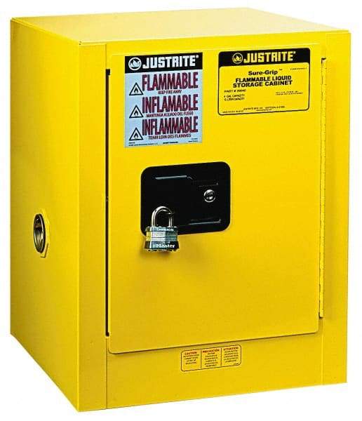 Justrite - 1 Door, 1 Shelf, Yellow Steel Bench Top Safety Cabinet for Flammable and Combustible Liquids - 22" High x 17" Wide x 17" Deep, Manual Closing Door, 4 Gal Capacity - A1 Tooling