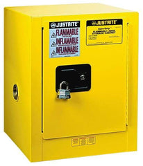 Justrite - 1 Door, 1 Shelf, Yellow Steel Bench Top Safety Cabinet for Flammable and Combustible Liquids - 22" High x 17" Wide x 17" Deep, Self Closing Door, 4 Gal Capacity - A1 Tooling