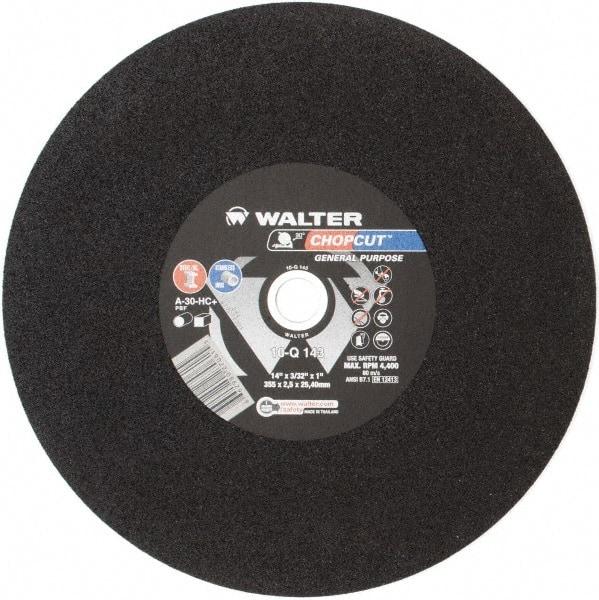 WALTER Surface Technologies - 14" 30 Grit Aluminum Oxide Cutoff Wheel - 3/32" Thick, 1" Arbor, 4,400 Max RPM, Use with Electric & Gas Powered Saws - A1 Tooling