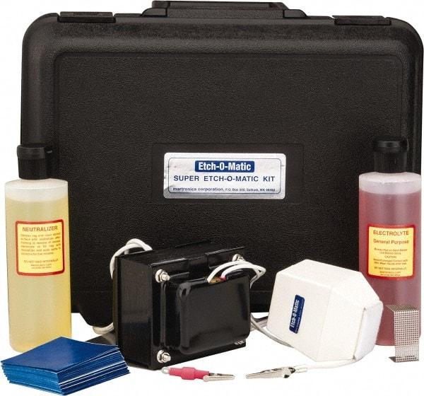 Etch-O-Matic - Electric Etcher - 10 Amp Kit, Includes 1 - 15-Volt, 10-Amp. Marker Unit With External Transformer; Adapter Clip For Deep Etch Marking; Ground Plate; 8 oz General Purpose Electrolyte; 8 oz Neutralizer; Extra Pads; 100 Pak Special Stencils - A1 Tooling