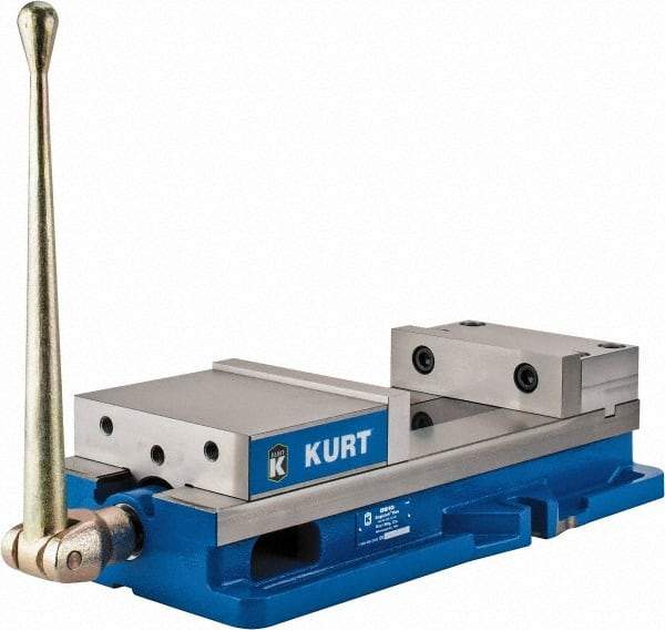 Kurt - 8" Jaw Width, 10" Jaw Opening Capacity, Horizontal Stationary Machine Vise - Manual Operation, 11,596 Lb Capacity, 1 Station, 24.185" Long x 5.51" High x 2-13/64" Deep, 2.2" Jaw Height, 80,000 psi Max Clamp Force, Ductile Iron - A1 Tooling