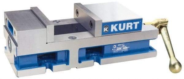 Kurt - 6" Jaw Width, 4" Jaw Opening Capacity, Horizontal Stationary Machine Vise - Manual Operation, 6,356 Lb Capacity, 1 Station, 14.88" Long x 4.6720" High x 1-31/64" Deep, 1.735" Jaw Height, 80 Lb Max Clamp Force - A1 Tooling