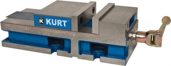 Kurt - 6" Jaw Width, 6" Jaw Opening Capacity, Horizontal Stationary Machine Vise - Reverse Manual Operation, 6,356 Lb Capacity, 1 Station, 17" Long x 4.6720" High x 1-31/64" Deep, 1.735" Jaw Height, 80 Lb Max Clamp Force - A1 Tooling