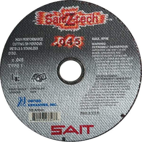 Sait - 4" Zirconia Alumina Cutoff Wheel - 0.045" Thick, 5/8" Arbor, 19,000 Max RPM, Use with Angle Grinders - A1 Tooling