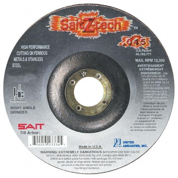 Sait - 5" Wheel Diam, 7/8" Arbor Hole, Type 27 Depressed Center Wheel - Zirconia Alumina, Resinoid Bond, 12,200 Max RPM, Compatible with Angle Grinder - A1 Tooling