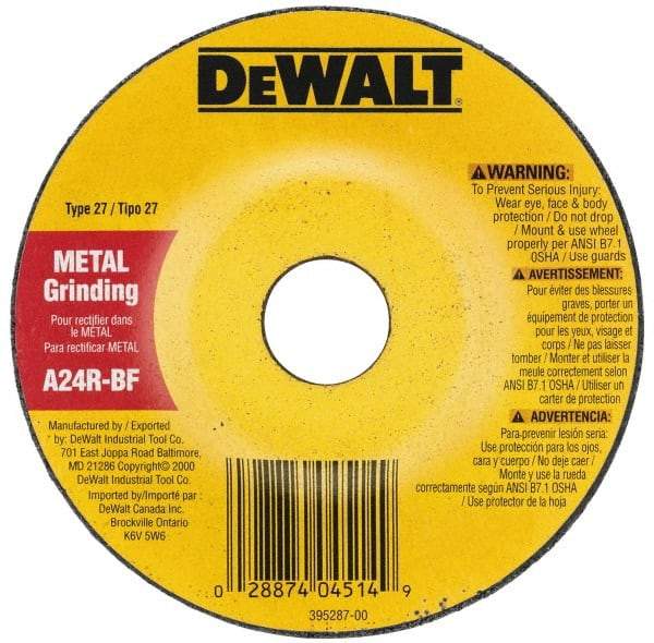 DeWALT - 24 Grit, 7" Wheel Diam, 1/8" Wheel Thickness, Type 27 Depressed Center Wheel - Zirconia Alumina, R Hardness, 8,700 Max RPM, Compatible with Angle Grinder - A1 Tooling