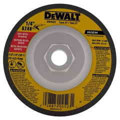 DeWALT - 24 Grit, 4-1/2" Wheel Diam, 1/4" Wheel Thickness, Type 27 Depressed Center Wheel - Aluminum Oxide, R Hardness, 13,300 Max RPM, Compatible with Angle Grinder - A1 Tooling