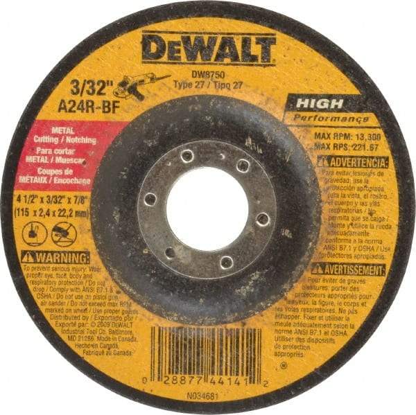 DeWALT - 24 Grit, 4-1/2" Wheel Diam, 3/32" Wheel Thickness, 7/8" Arbor Hole, Type 27 Depressed Center Wheel - Aluminum Oxide, R Hardness, 13,300 Max RPM, Compatible with Angle Grinder - A1 Tooling