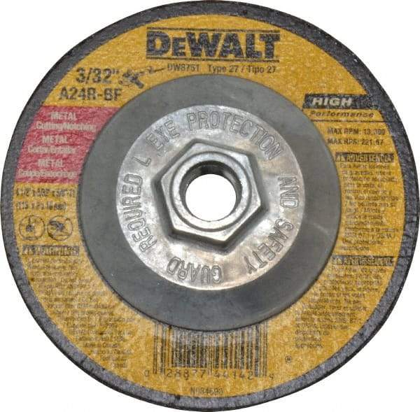 DeWALT - 24 Grit, 4-1/2" Wheel Diam, 3/32" Wheel Thickness, Type 27 Depressed Center Wheel - Aluminum Oxide, R Hardness, 13,300 Max RPM, Compatible with Angle Grinder - A1 Tooling