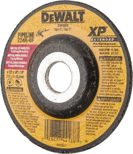 DeWALT - 24 Grit, 4-1/2" Wheel Diam, 1/8" Wheel Thickness, 7/8" Arbor Hole, Type 27 Depressed Center Wheel - Zirconia Alumina, R Hardness, 13,300 Max RPM, Compatible with Angle Grinder - A1 Tooling