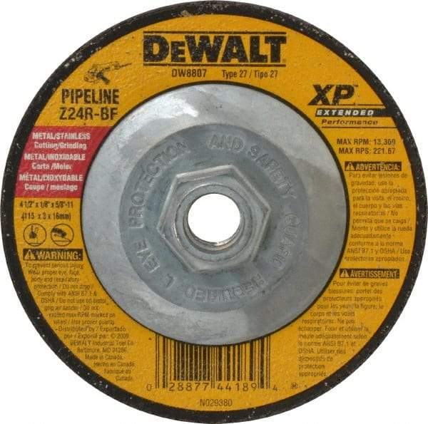 DeWALT - 24 Grit, 4-1/2" Wheel Diam, 1/8" Wheel Thickness, Type 27 Depressed Center Wheel - Zirconia Alumina, R Hardness, 13,300 Max RPM, Compatible with Angle Grinder - A1 Tooling