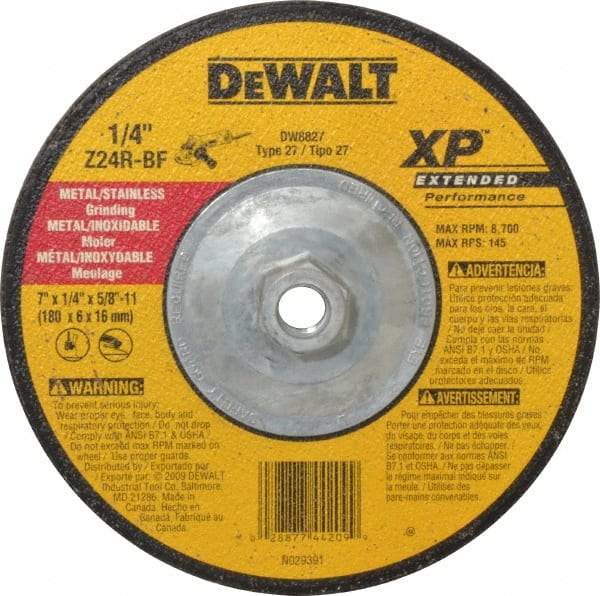 DeWALT - 24 Grit, 7" Wheel Diam, 1/4" Wheel Thickness, Type 27 Depressed Center Wheel - Zirconia Alumina, R Hardness, 8,700 Max RPM, Compatible with Angle Grinder - A1 Tooling