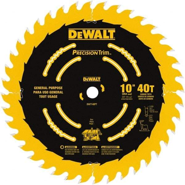 DeWALT - 10" Diam, 5/8" Arbor Hole Diam, 40 Tooth Wet & Dry Cut Saw Blade - Carbide-Tipped, General Purpose Action, Standard Round Arbor - A1 Tooling