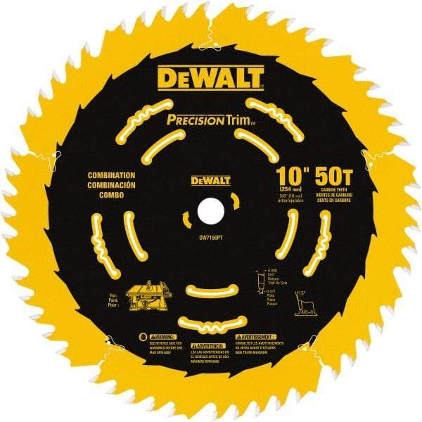 DeWALT - 10" Diam, 5/8" Arbor Hole Diam, 50 Tooth Wet & Dry Cut Saw Blade - Carbide-Tipped, Combination Action, Standard Round Arbor - A1 Tooling