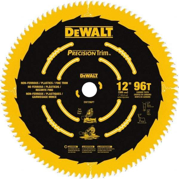 DeWALT - 12" Diam, 1" Arbor Hole Diam, 96 Tooth Wet & Dry Cut Saw Blade - Carbide-Tipped, Fine Trimming Action, Standard Round Arbor - A1 Tooling