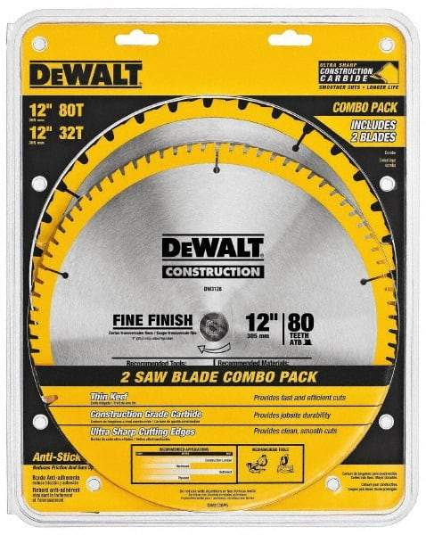 DeWALT - 12" Diam, 1" Arbor Hole Diam, 32 & 80 Tooth Wet & Dry Cut Saw Blade - Carbide-Tipped, Standard Round Arbor - A1 Tooling