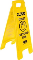 Rubbermaid - Closed, 11" Wide x 25" High, Plastic Floor Sign - English/French/German/Spanish, A-Frame, Black on Yellow, For Restroom, Janitorial & Housekeeping - A1 Tooling