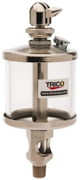 Trico - 1 Outlet, Glass Bowl, 2.5 Ounce Manual-Adjustable Oil Reservoir - 1/8 NPT Outlet, 2-1/8" Diam x 5-7/16" High - A1 Tooling