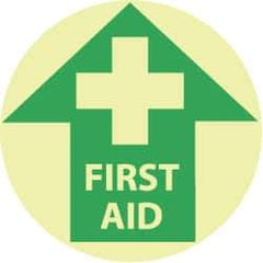 NMC - First Aid, Anti-Skid Polyester Floor Sign - Round, Green on Yellow (Glow), Adhesive Backed, For First Aid - A1 Tooling